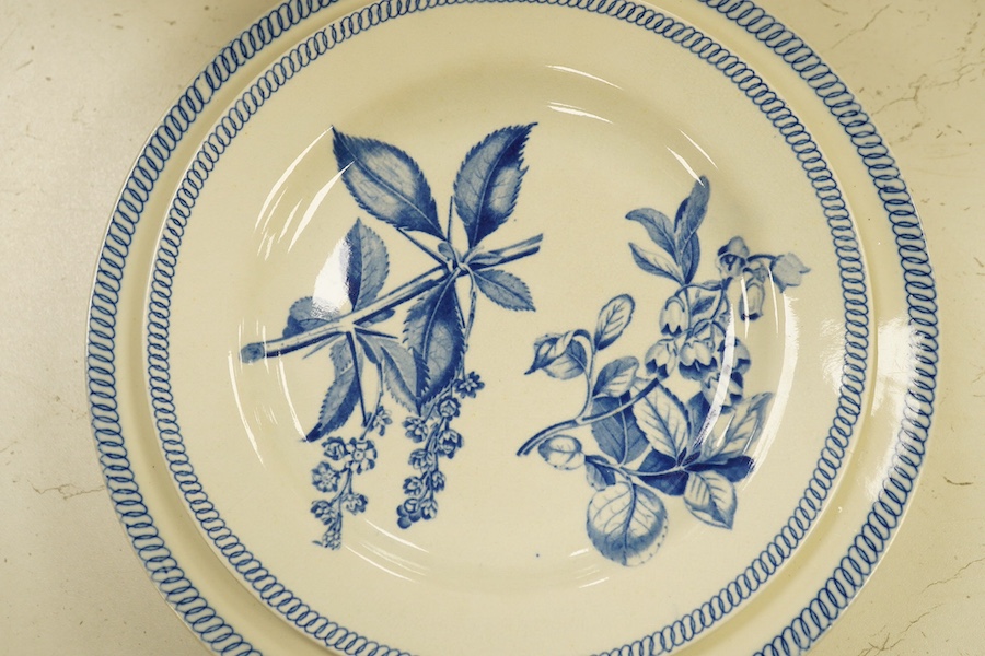 Ten 19th century Wedgwood blue and white ‘’botanical’’ decorated dishes, largest 25cm in diameter. Condition - fair